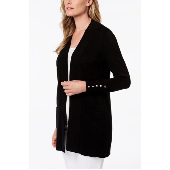 JM Collection Sweaters - Jm Collection Open Front Black Cardigan Gold Buttons Long Medium